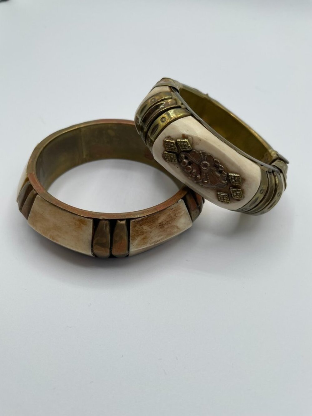 Vintage Handcrafted Brass Bangle Set Carved Bone Like Boho Layering Statement